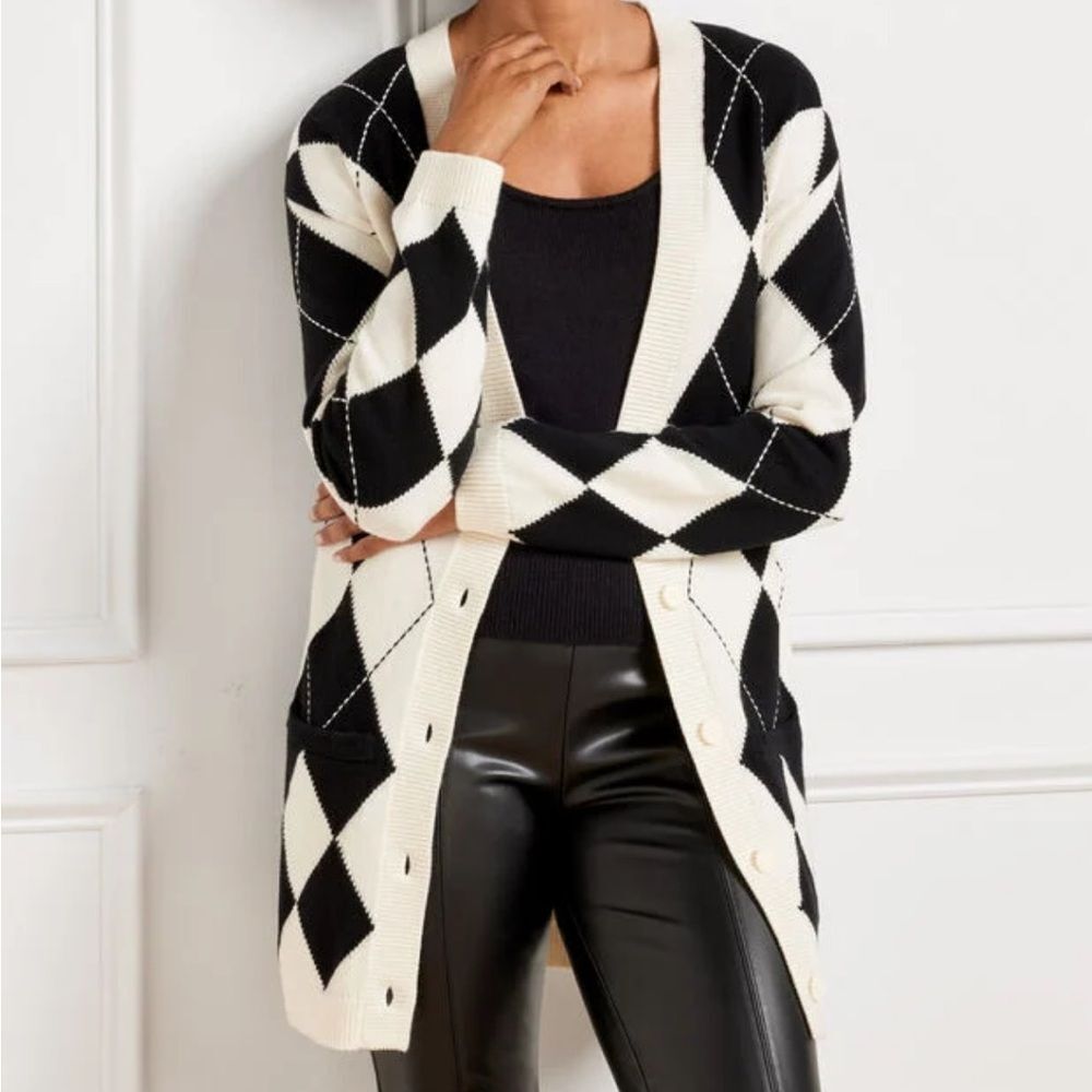 Talbots Black & White Argyle Oversized Button Front Cardigan Sweater